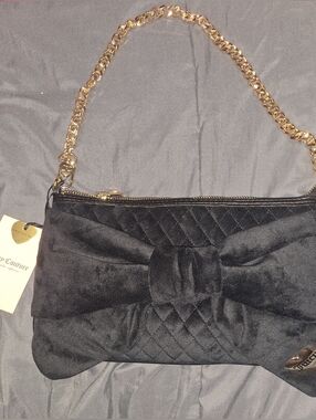 EXCLUSIVE Juicy Couture Black Quilted Velvet Bow Shoulder Bag with Gold Chain